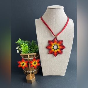 Vibrant Flower Beaded Choker Necklace with Matching Earrings - Boho Chic Set